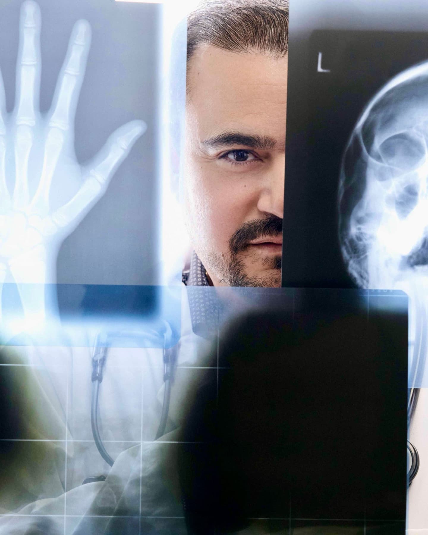 Dr. Hendry Pascual's face framed by X-rays of a hand and a skull
